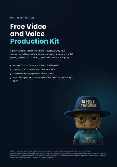 Cover of the Free Video and Voice Production Kit, with the AI Fast Tracker robot in its navy hat
