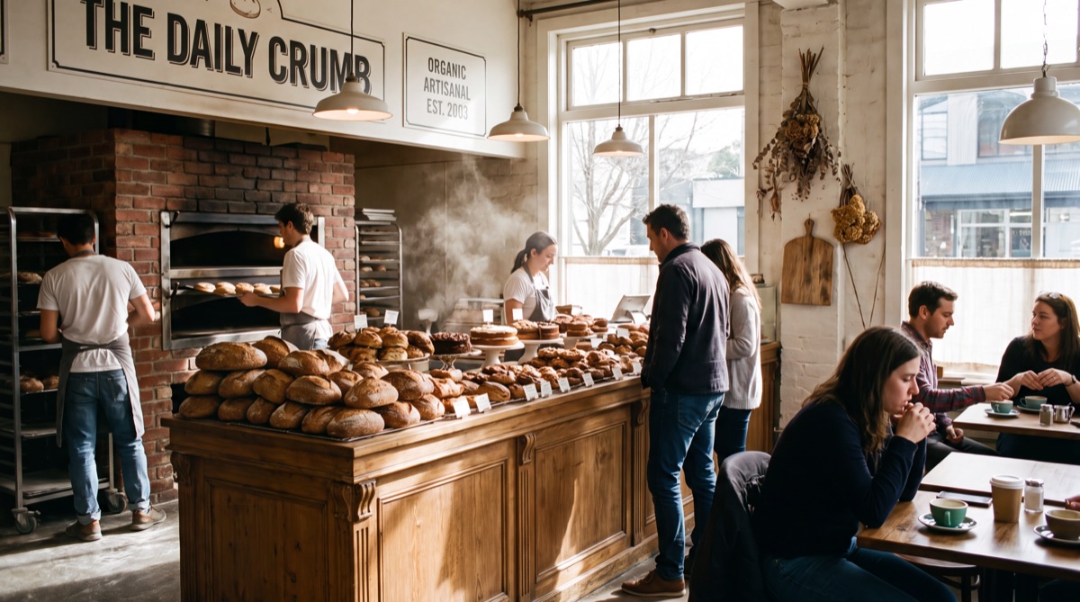 A busy bakery: bakers at a brick oven, loaves piled on a timber counter, customers queuing and sitting at tables, under a made-up shop sign.