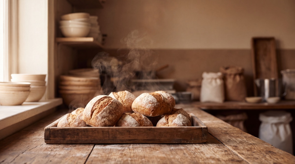 A wooden tray of sourdough rolls on a worn timber bench, steam rising, soft window light from the left, no people and no writing.